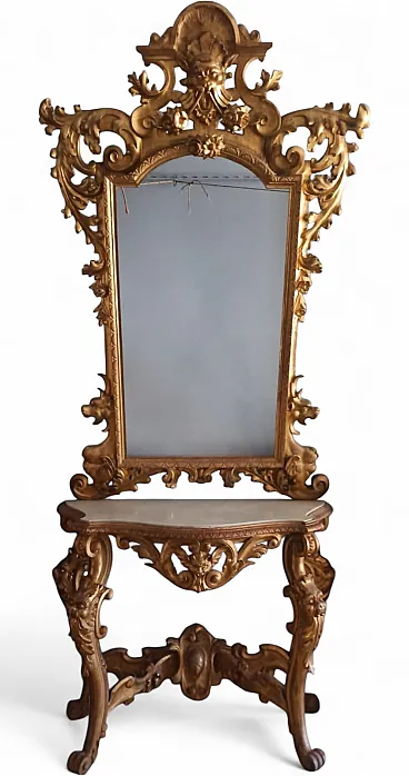 Console with mirror gilded wood, 19th century