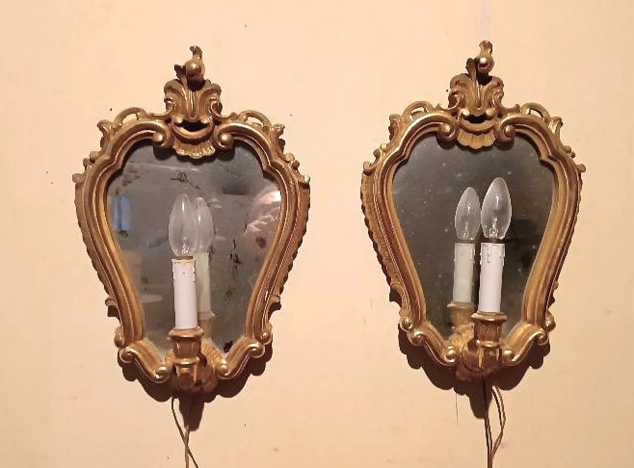 Pair of wooden and pure gold sconces, 1950s 1