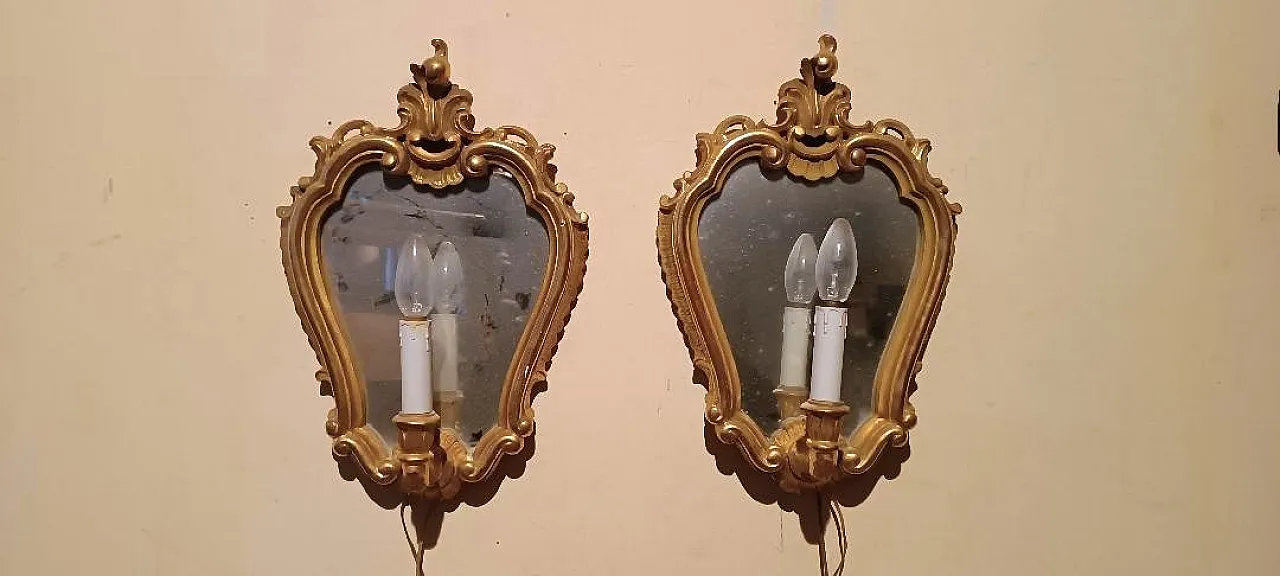 Pair of wooden and pure gold sconces, 1950s 3