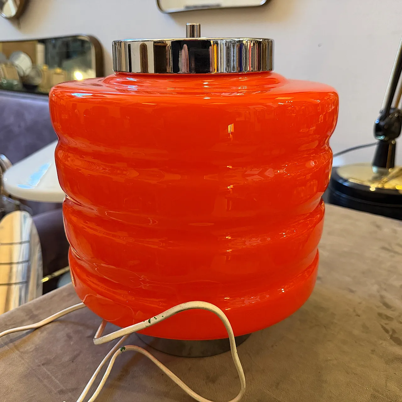 Space Age chromed metal and orange glass table lamp, 1990s 7