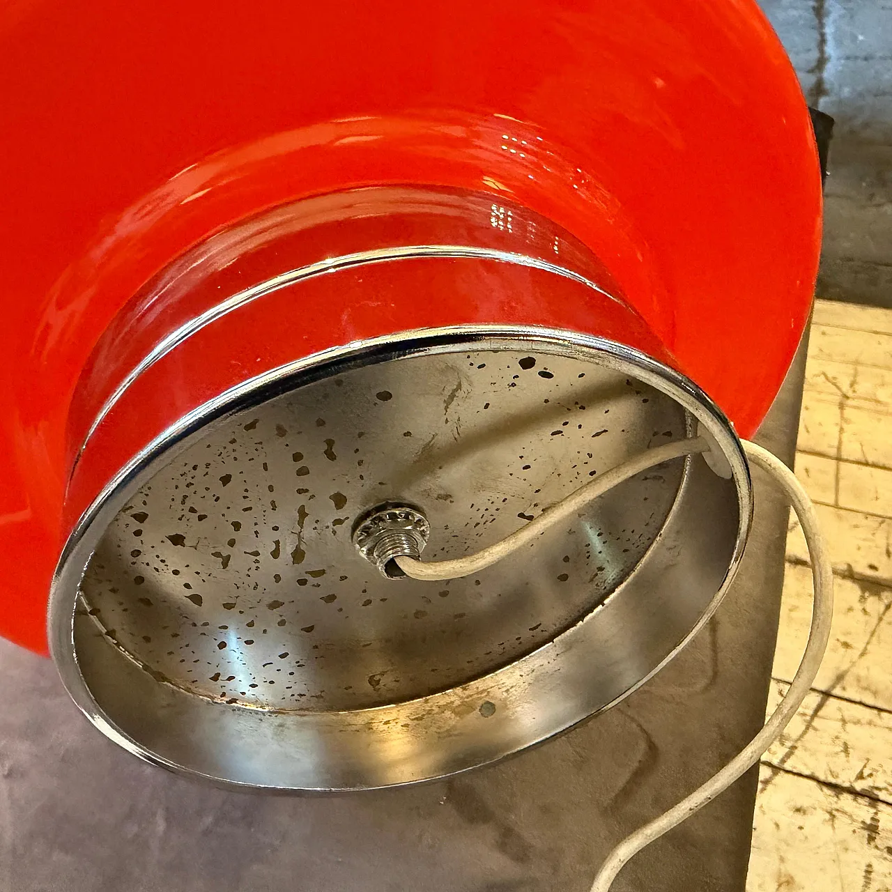 Space Age chromed metal and orange glass table lamp, 1990s 9