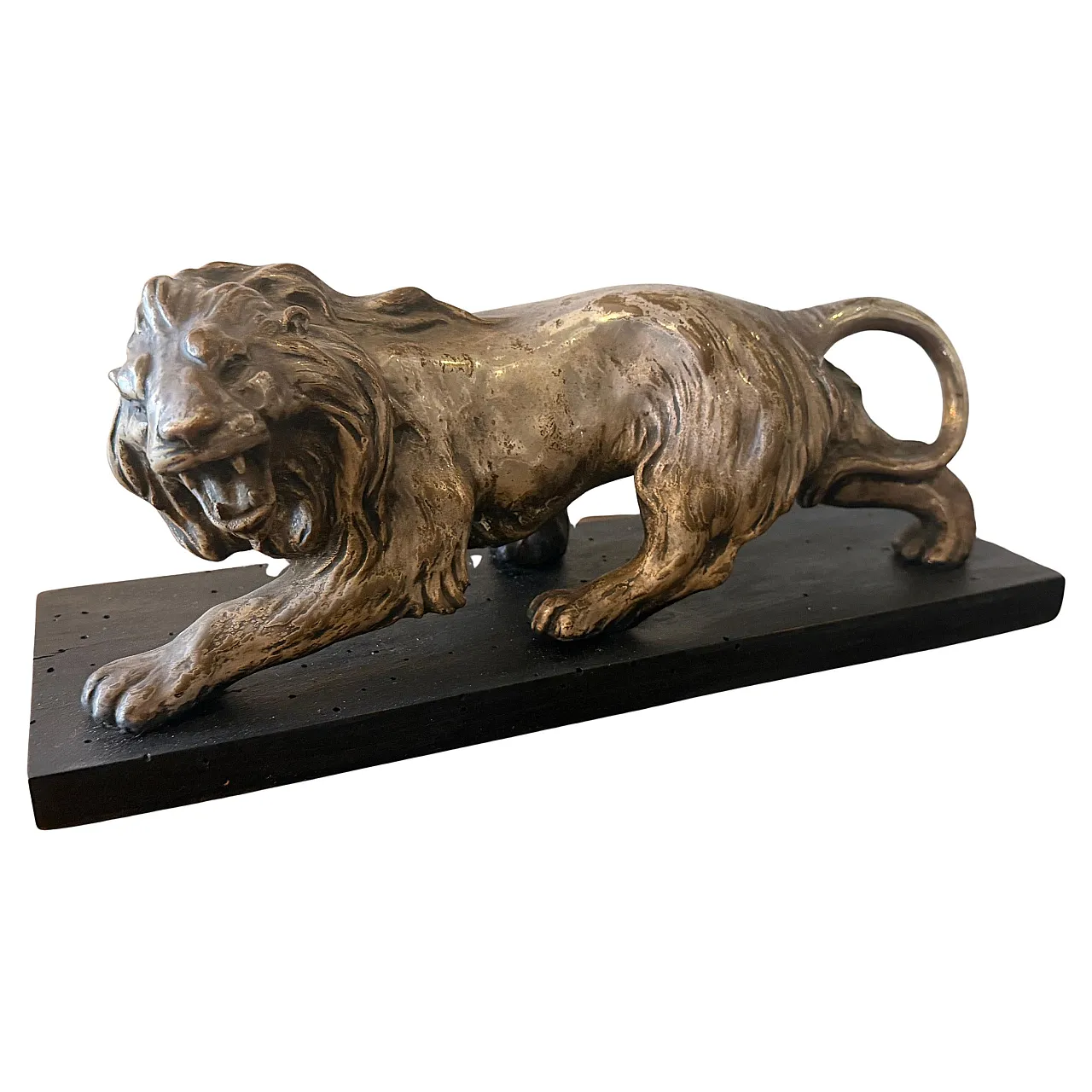 Art Deco style silver and copper roaring lion sculpture, 1940s 1