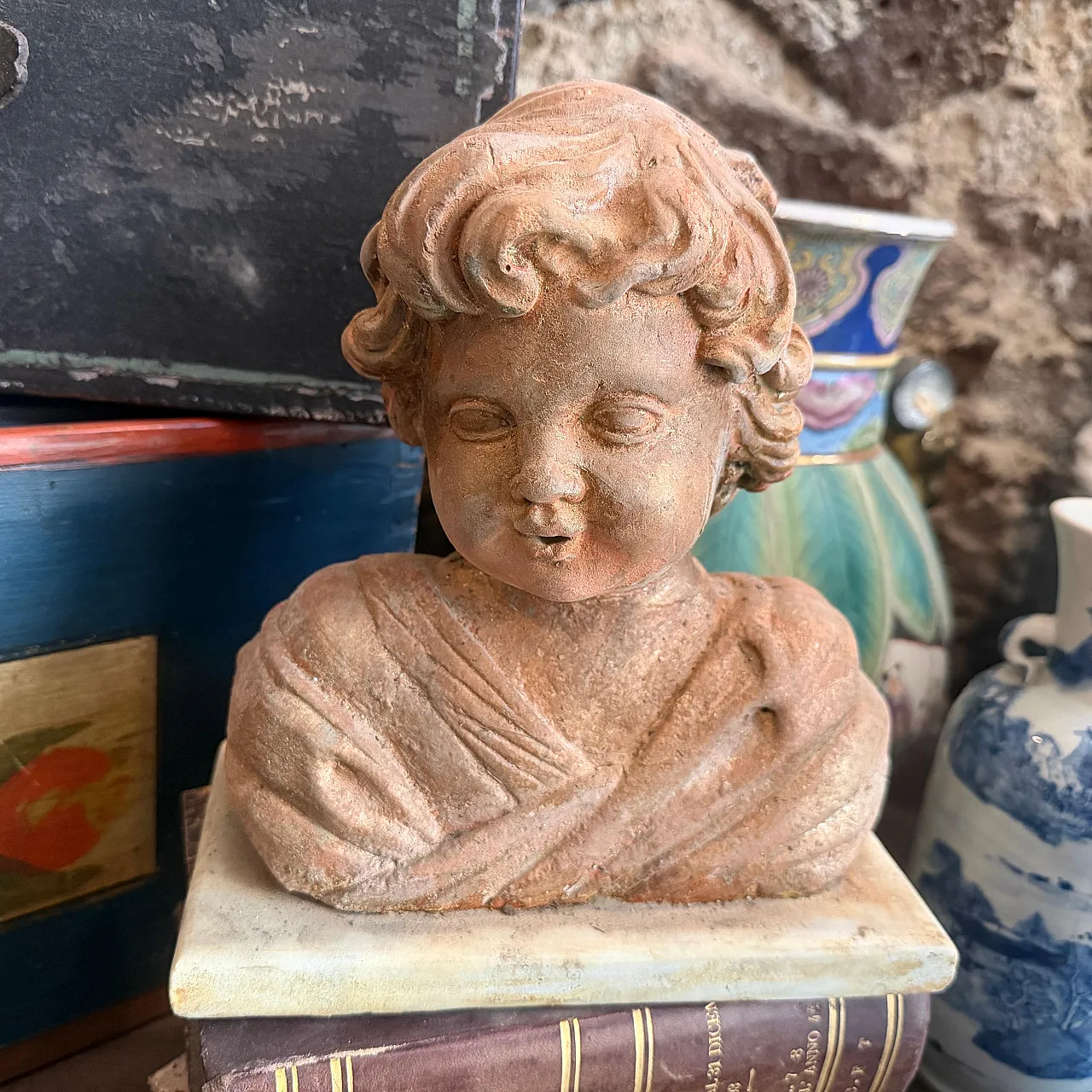Putto, mixed stone sculpture with marble base, 1940s 2
