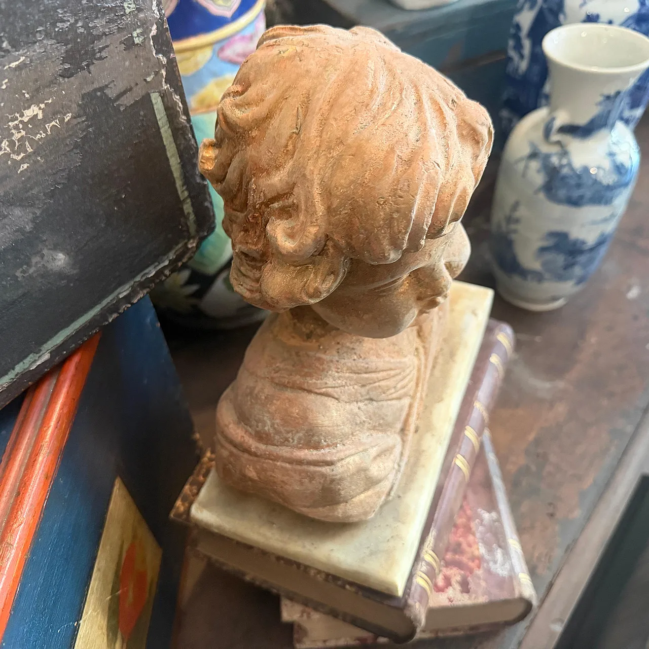 Putto, mixed stone sculpture with marble base, 1940s 5