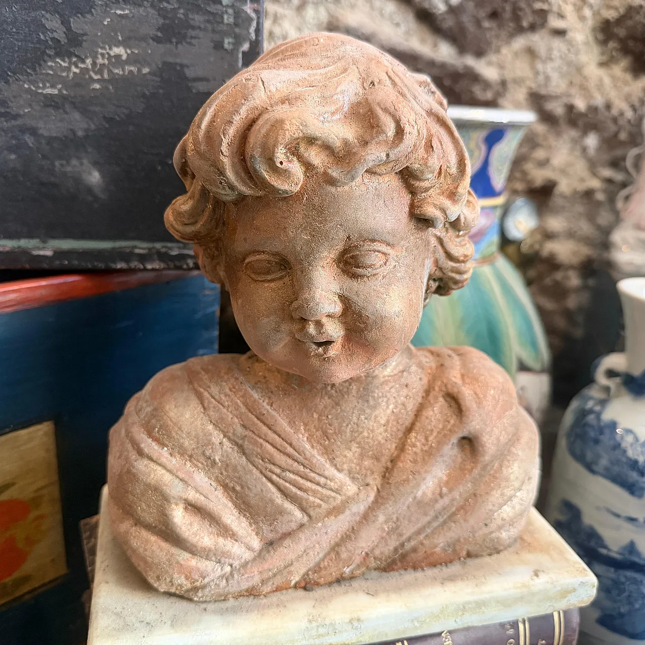 Putto, mixed stone sculpture with marble base, 1940s 7