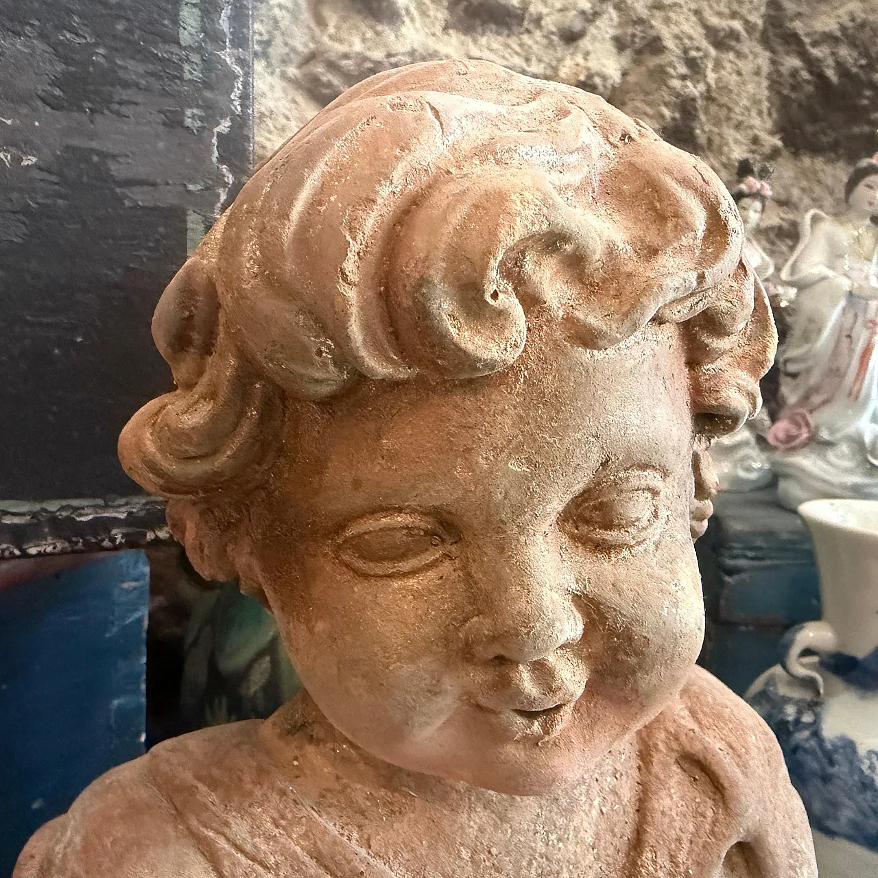 Putto, mixed stone sculpture with marble base, 1940s 14