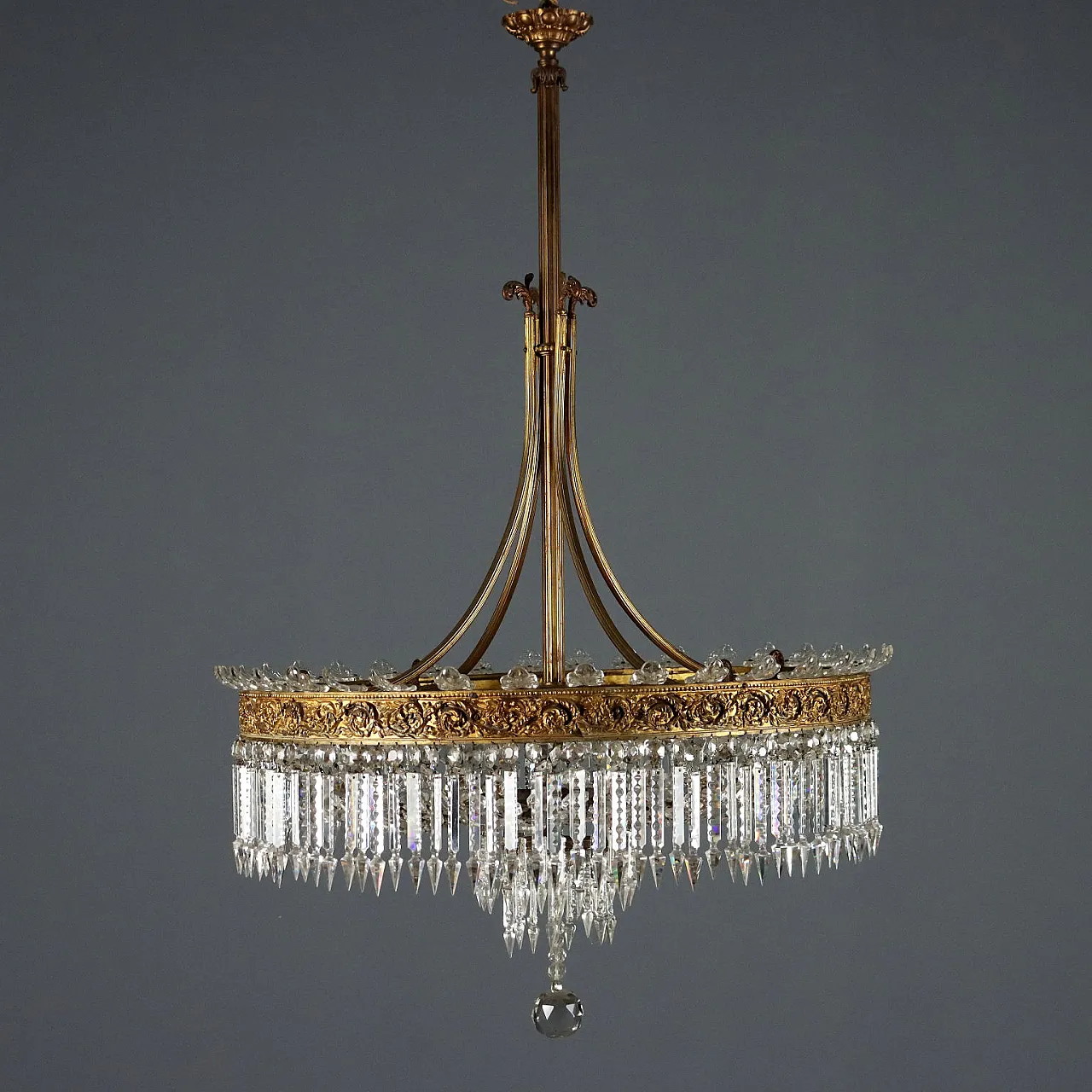 Lampadario Impero in metallo dorato e vetro trasparente, primo '900 1