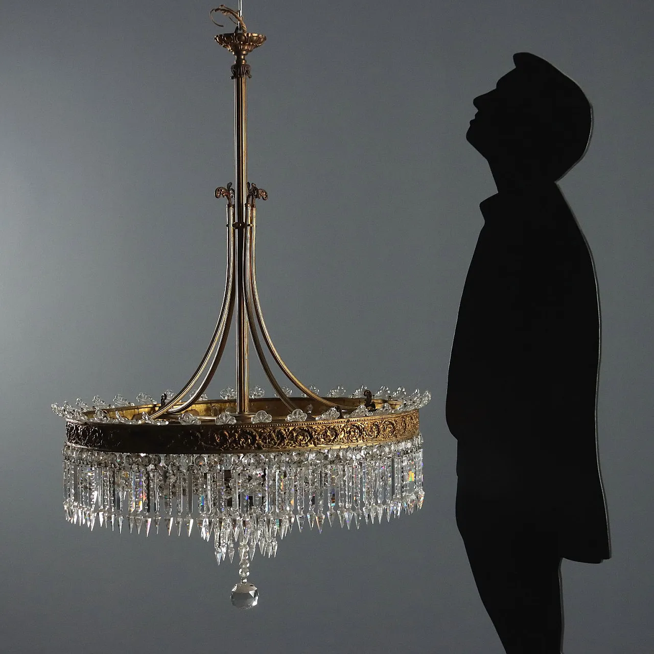 Lampadario Impero in metallo dorato e vetro trasparente, primo '900 2