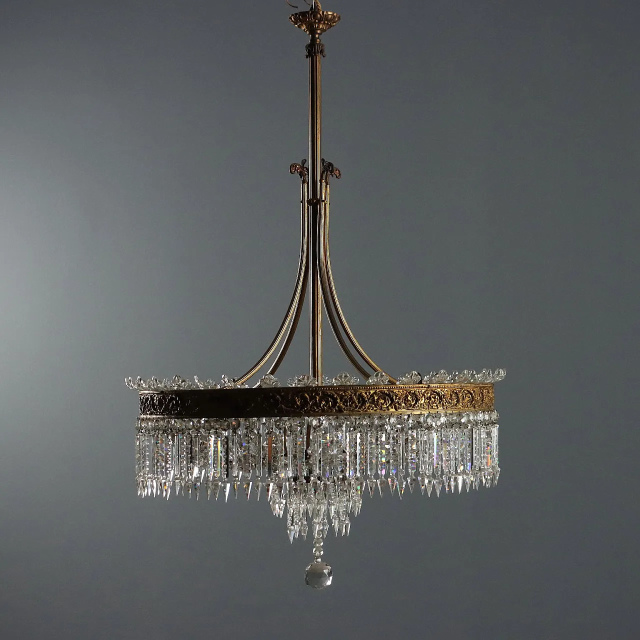 Lampadario Impero in metallo dorato e vetro trasparente, primo '900 3