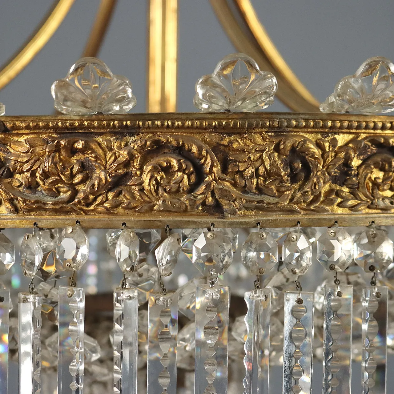 Lampadario Impero in metallo dorato e vetro trasparente, primo '900 5