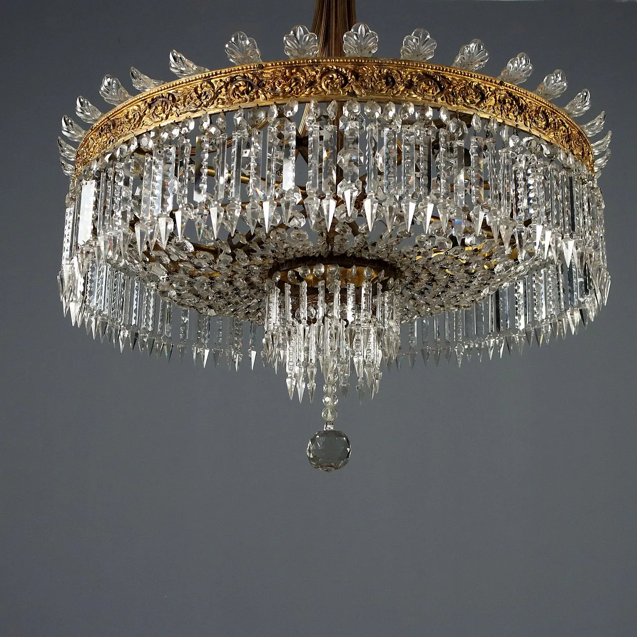 Lampadario Impero in metallo dorato e vetro trasparente, primo '900 7