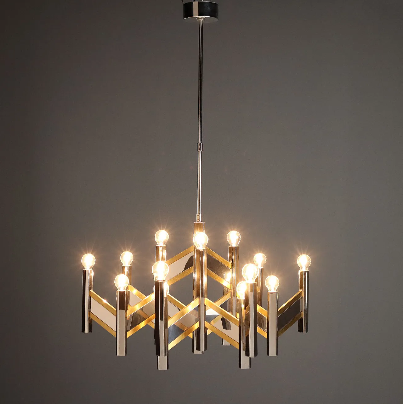 Chandelier in chrome-plated & brass-plated metal frame, 20th century 1