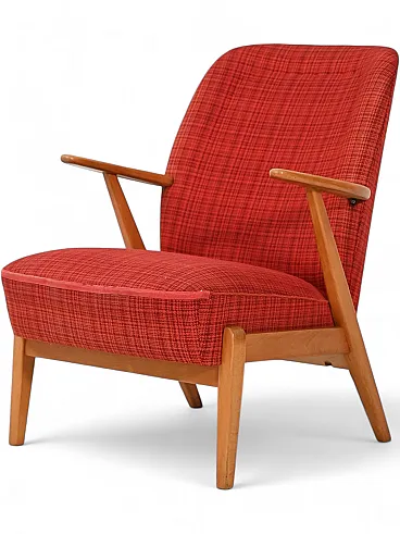 Poltrona scandinava anni 50 con rivestimento in lana rossa