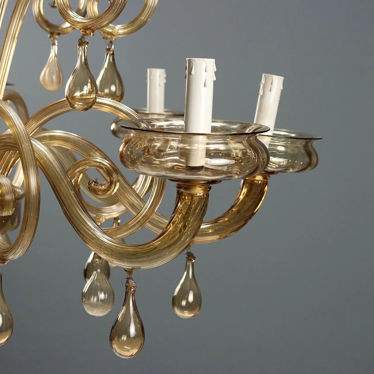 Lampadario in vetro soffiato ambrato, '900 3