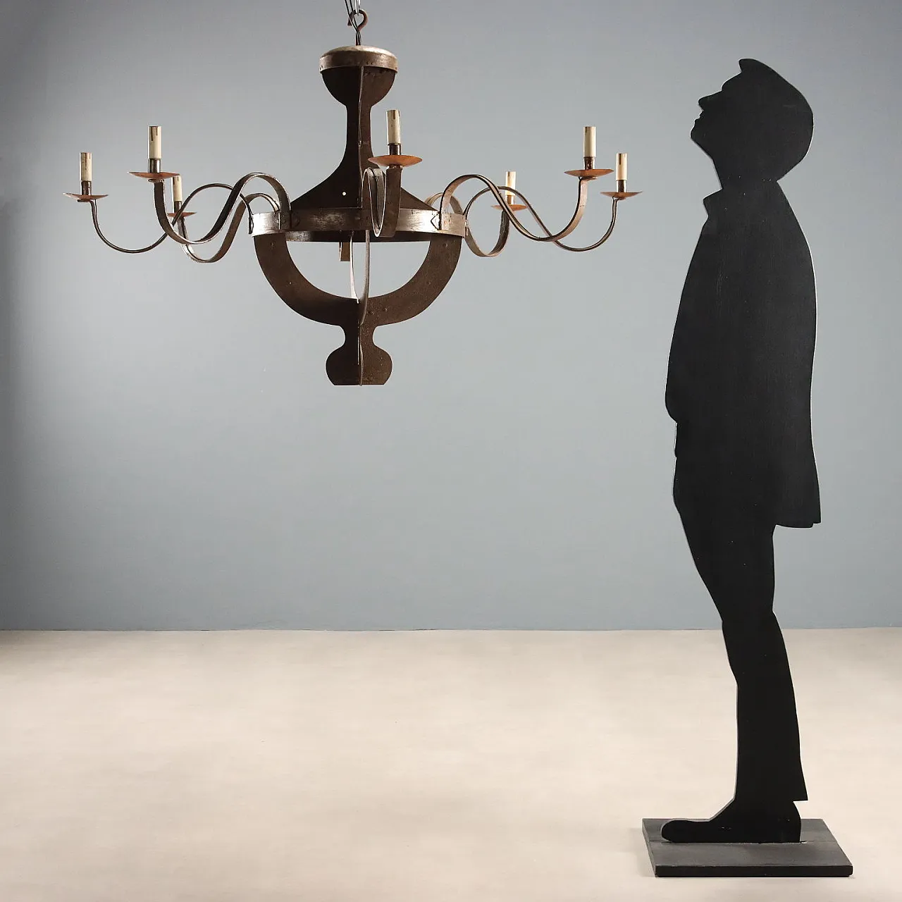 Lampadario in ferro battuto, rame e lamiera, inizi '900 2