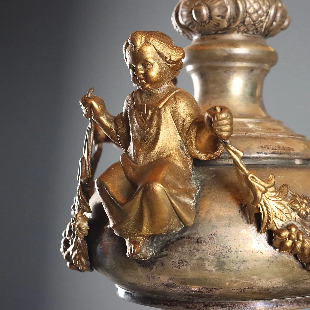 Lampada in lamiera argentata, bronzo dorato e tessuto, '800 4