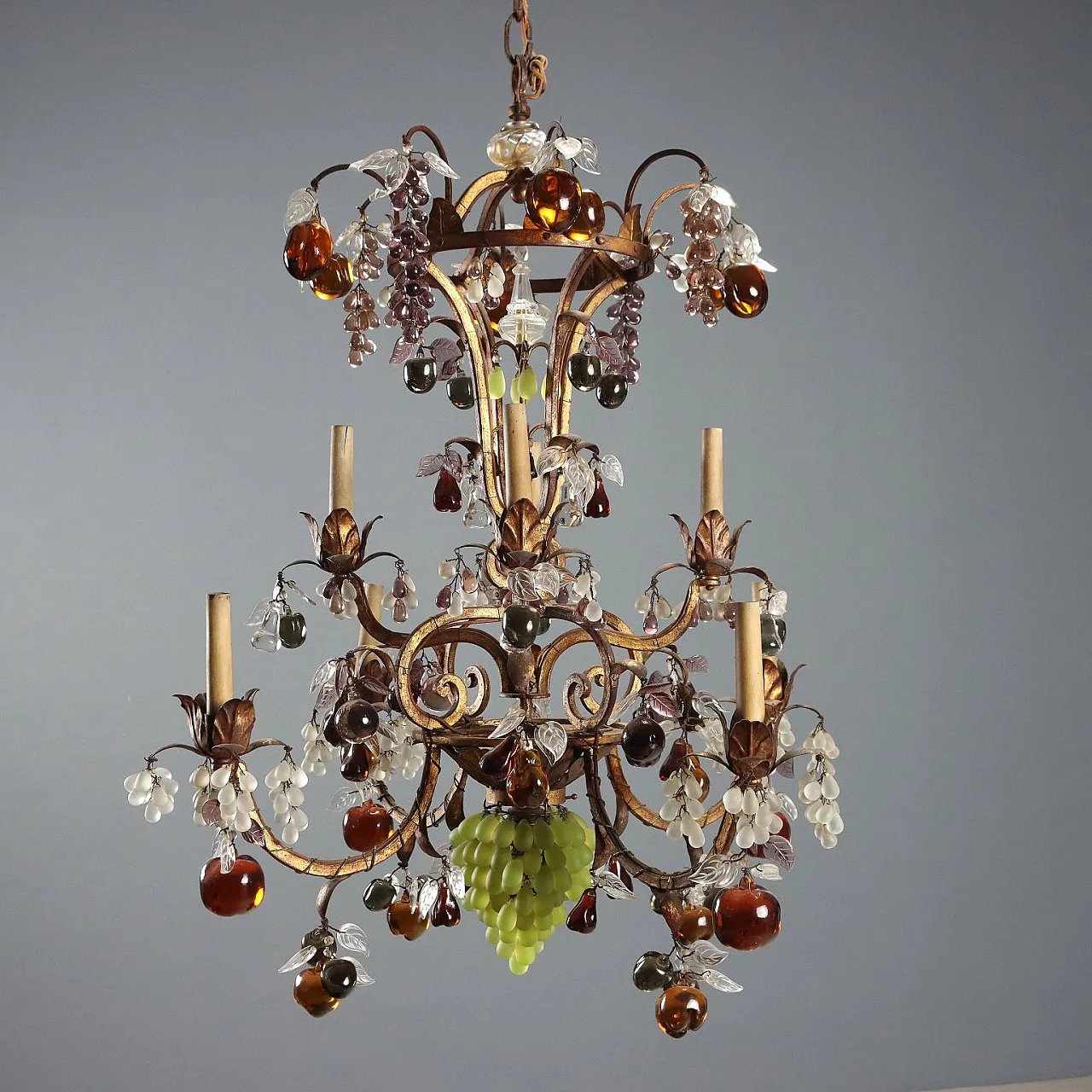 Lampadario in stile Maria Teresa in ferro e vetro, primo '900 3