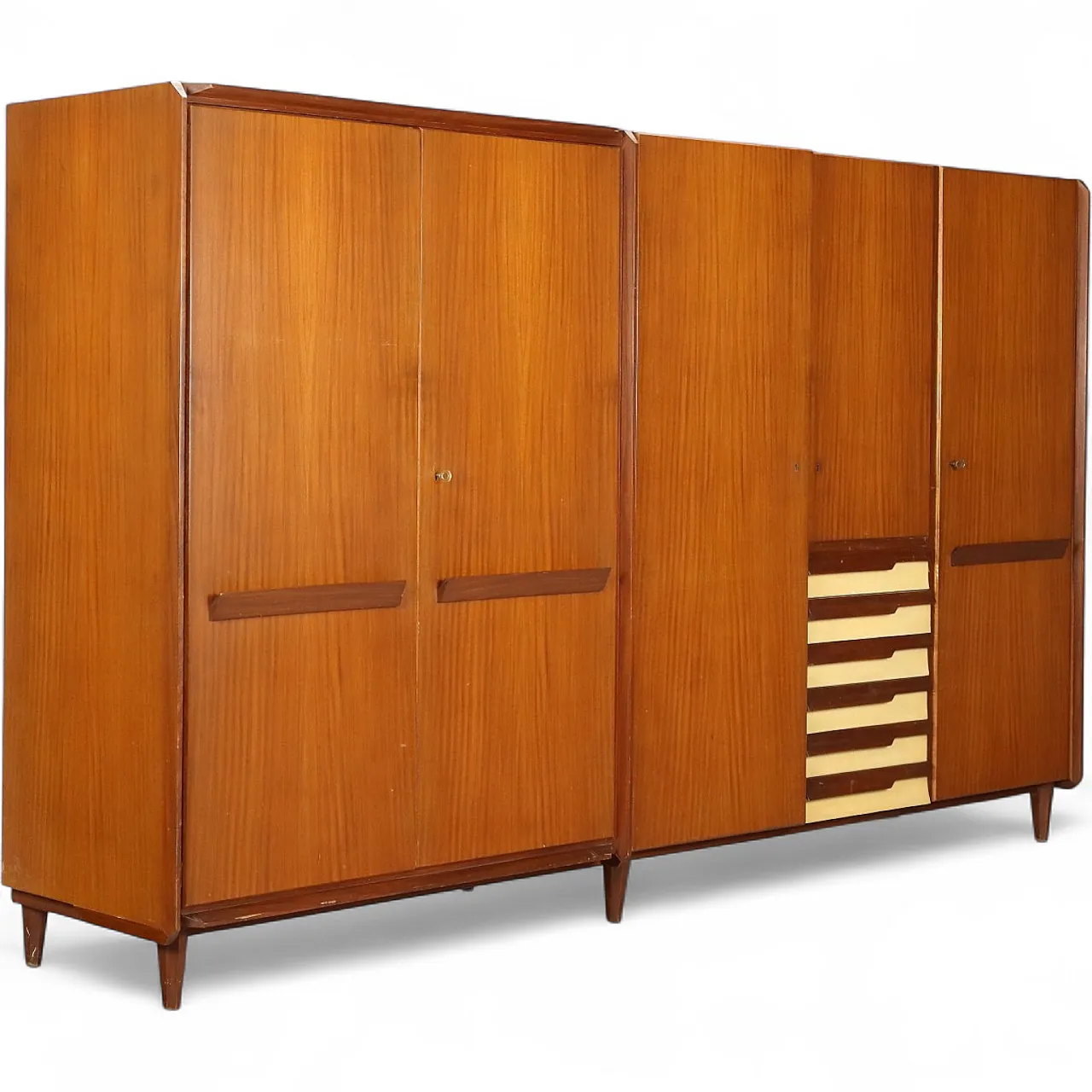 Armadio con ante battenti e cassetti impiallacciati in teak, '900 11