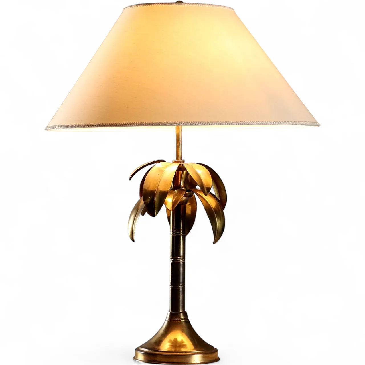 Lampada in ottone con decoro a foglie e paralume in tessuto, '900 10