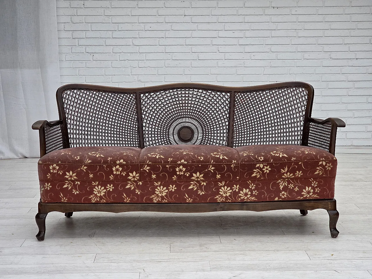 Danish 3-seater sofa in salmon pink velour and furniture mesh, 1950s 1