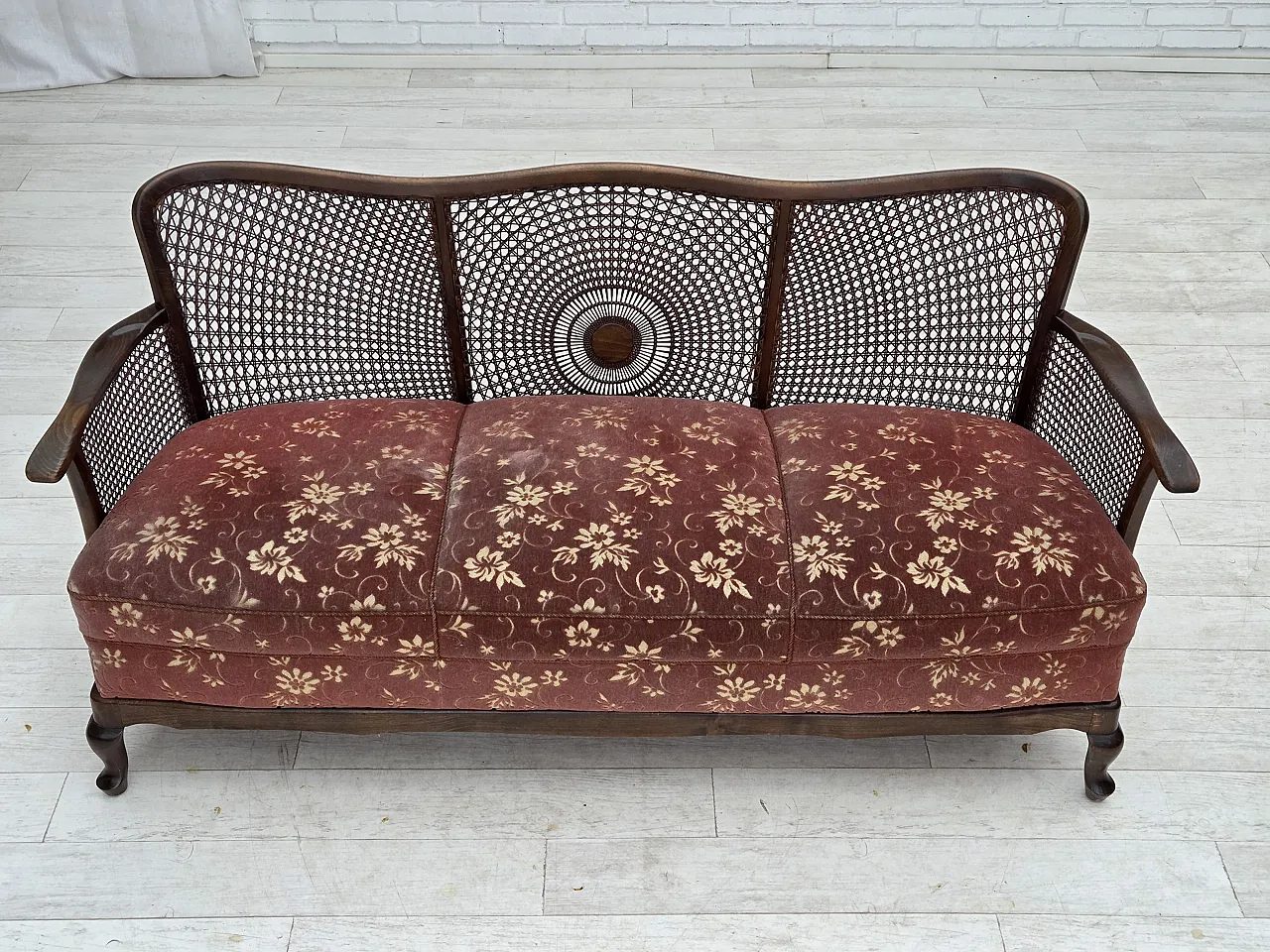 Danish 3-seater sofa in salmon pink velour and furniture mesh, 1950s 5