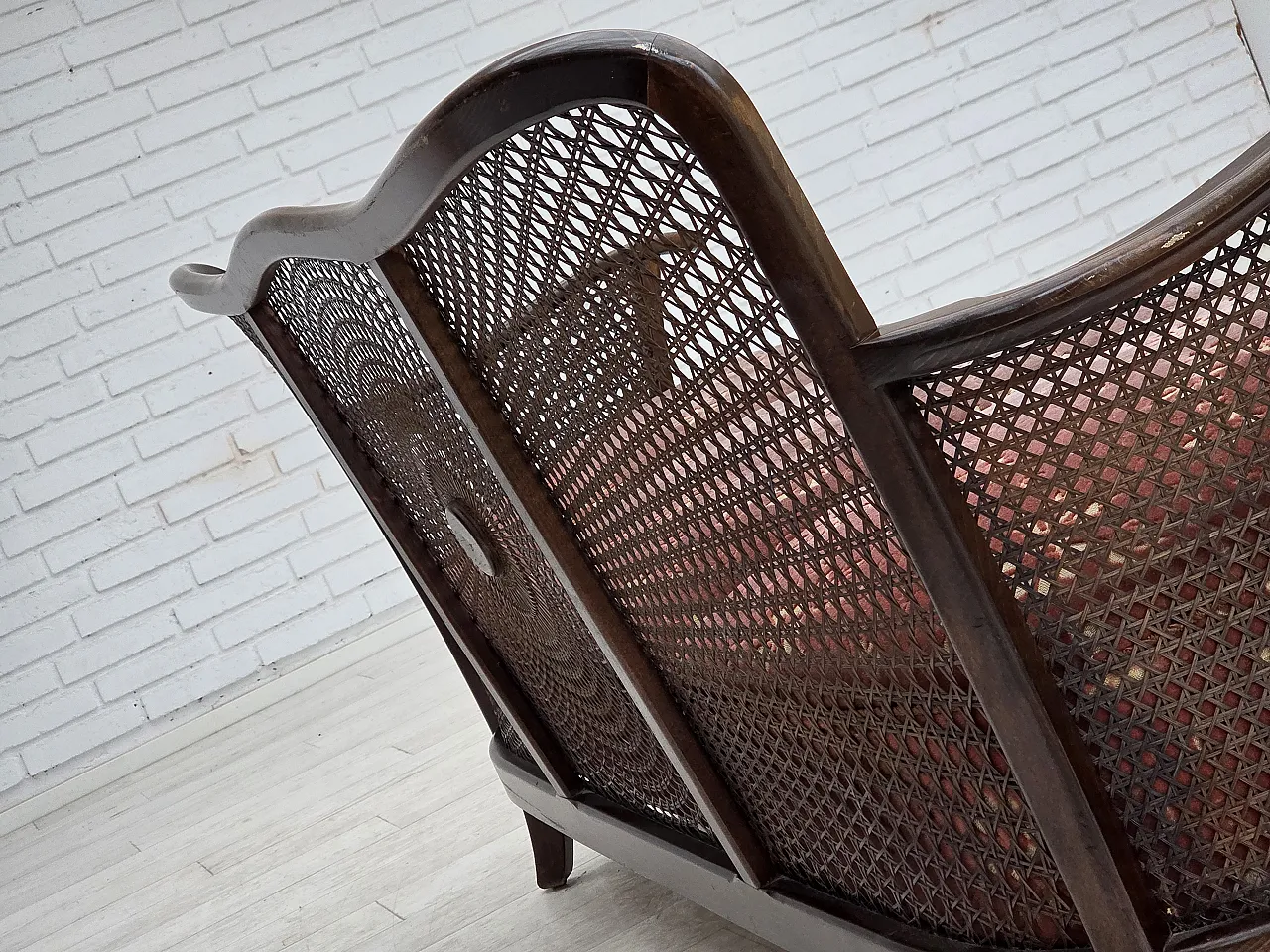 Danish 3-seater sofa in salmon pink velour and furniture mesh, 1950s 12