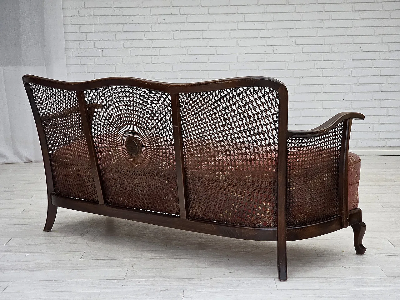 Danish 3-seater sofa in salmon pink velour and furniture mesh, 1950s 13