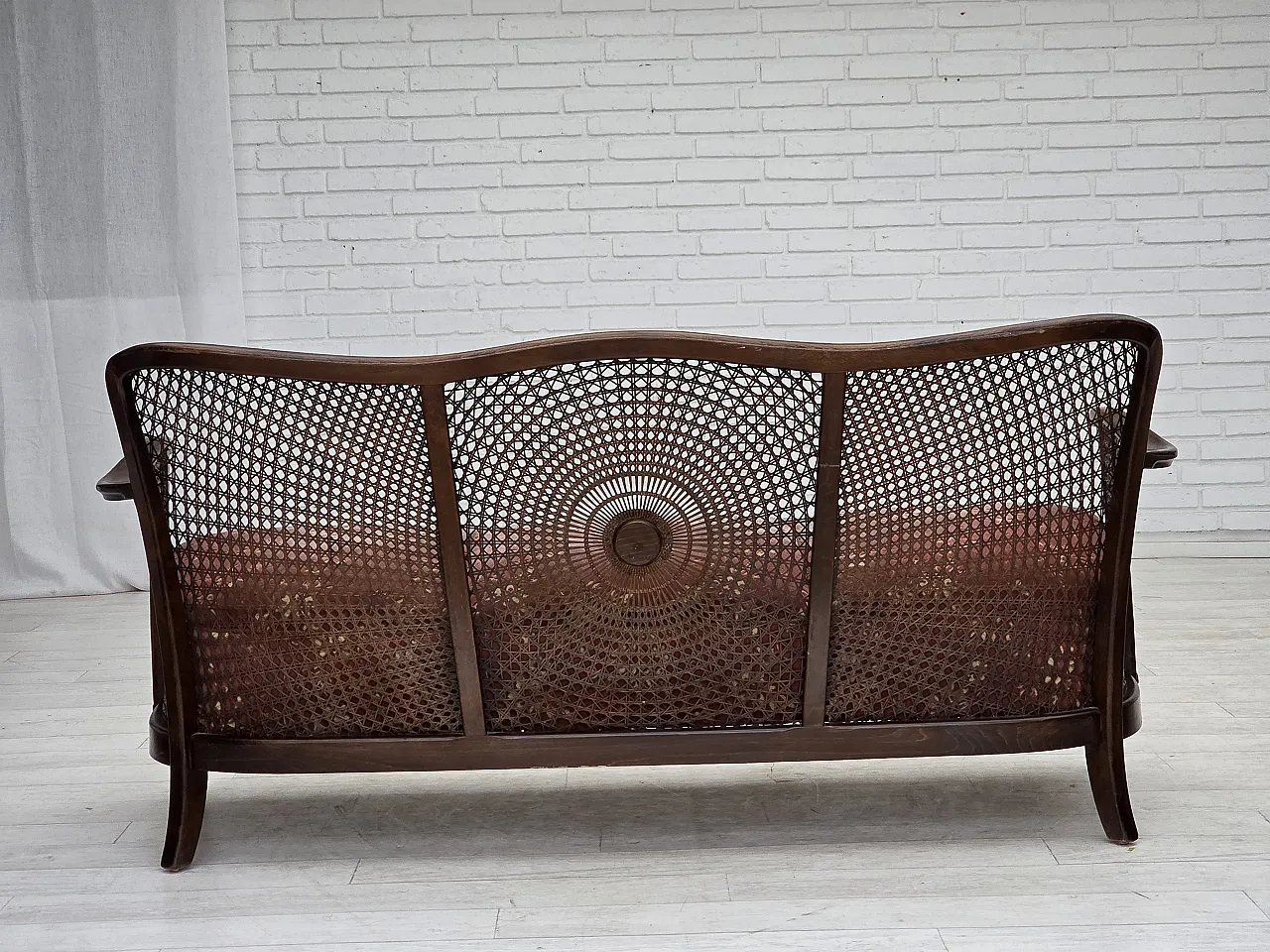 Danish 3-seater sofa in salmon pink velour and furniture mesh, 1950s 14