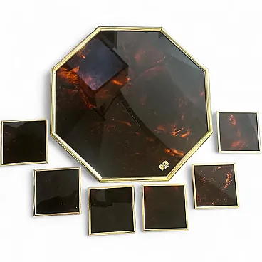 Faux turtle, lucite and brass tray with coasters, 1970s