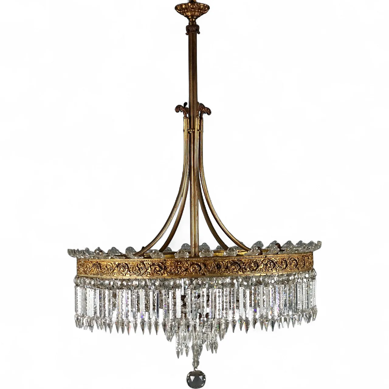 Lampadario Impero in metallo dorato e vetro trasparente, primo '900 10