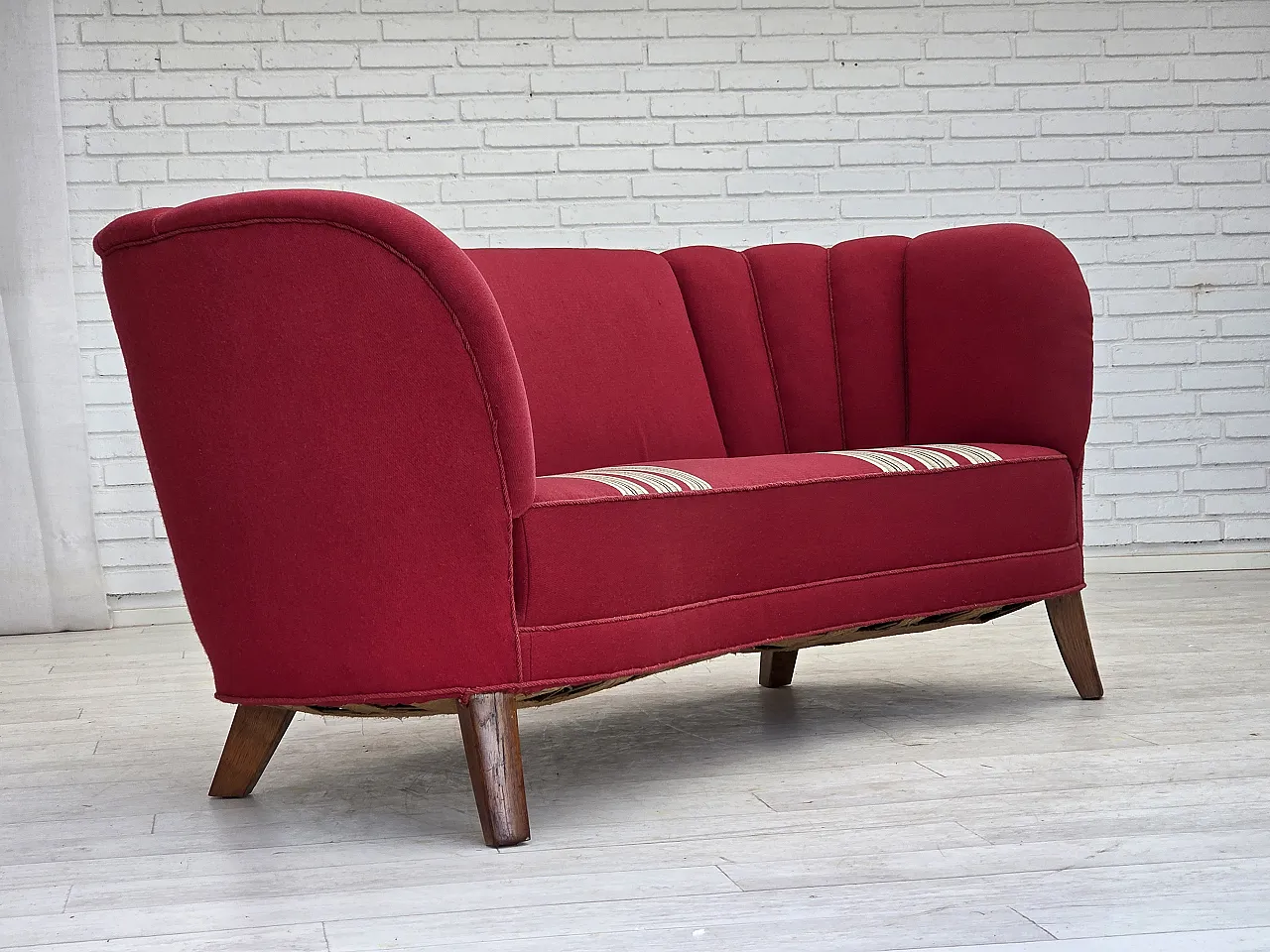 Danish 2-seater "Banana" sofa, wool, oak wood legs, 1960s 1