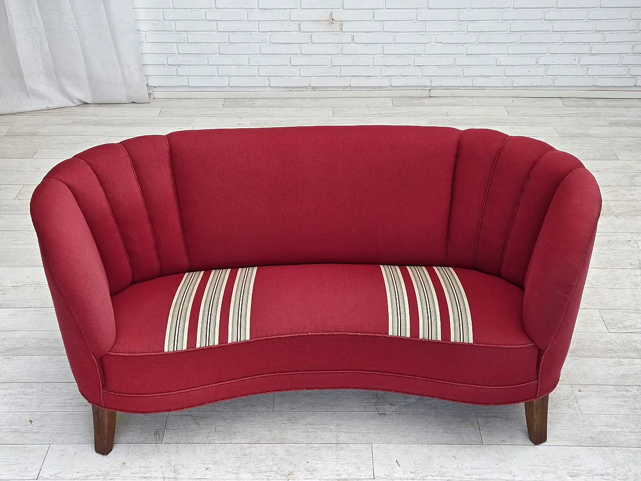 Danish 2-seater "Banana" sofa, wool, oak wood legs, 1960s 3