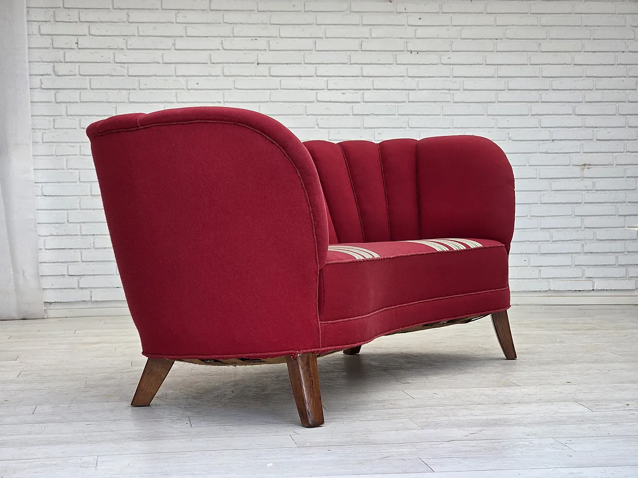 Danish 2-seater "Banana" sofa, wool, oak wood legs, 1960s 6