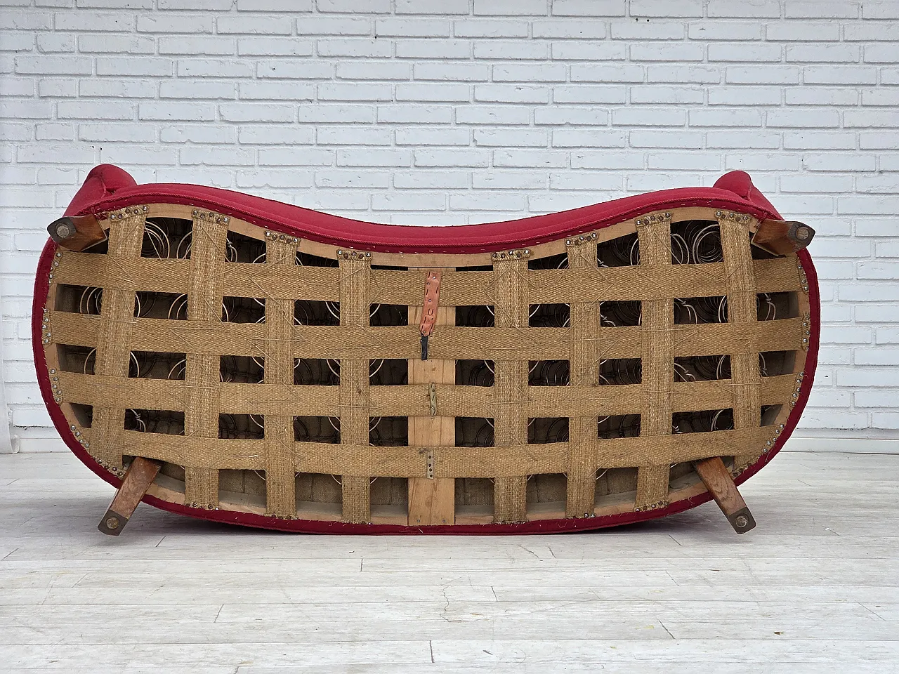 Danish 2-seater "Banana" sofa, wool, oak wood legs, 1960s 18