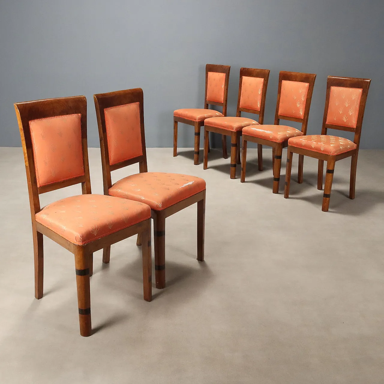 6 Chairs in walnut burl, exotic woods, and fabric, 20th century 1