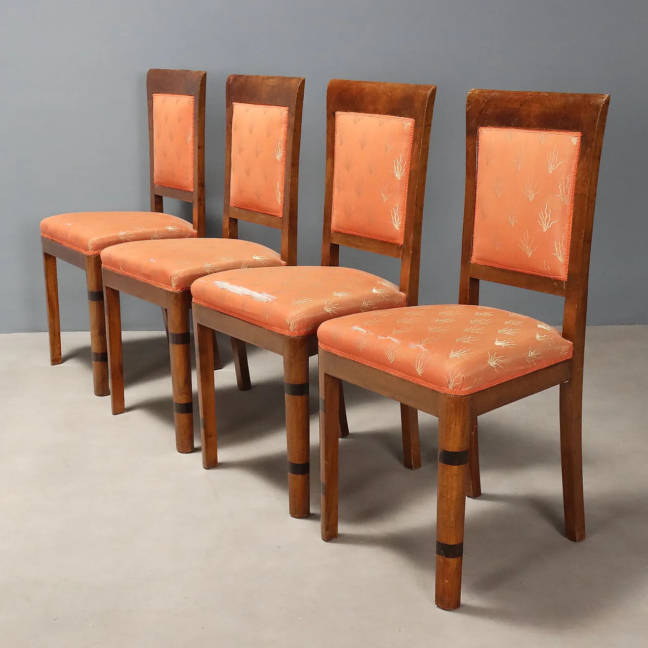6 Chairs in walnut burl, exotic woods, and fabric, 20th century 3