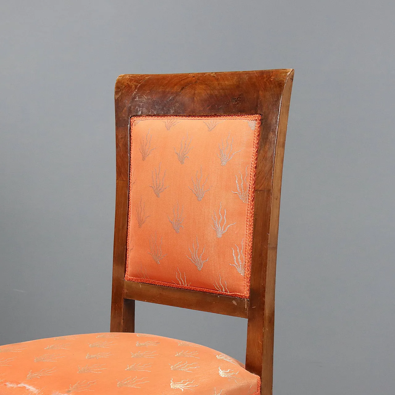 6 Chairs in walnut burl, exotic woods, and fabric, 20th century 4