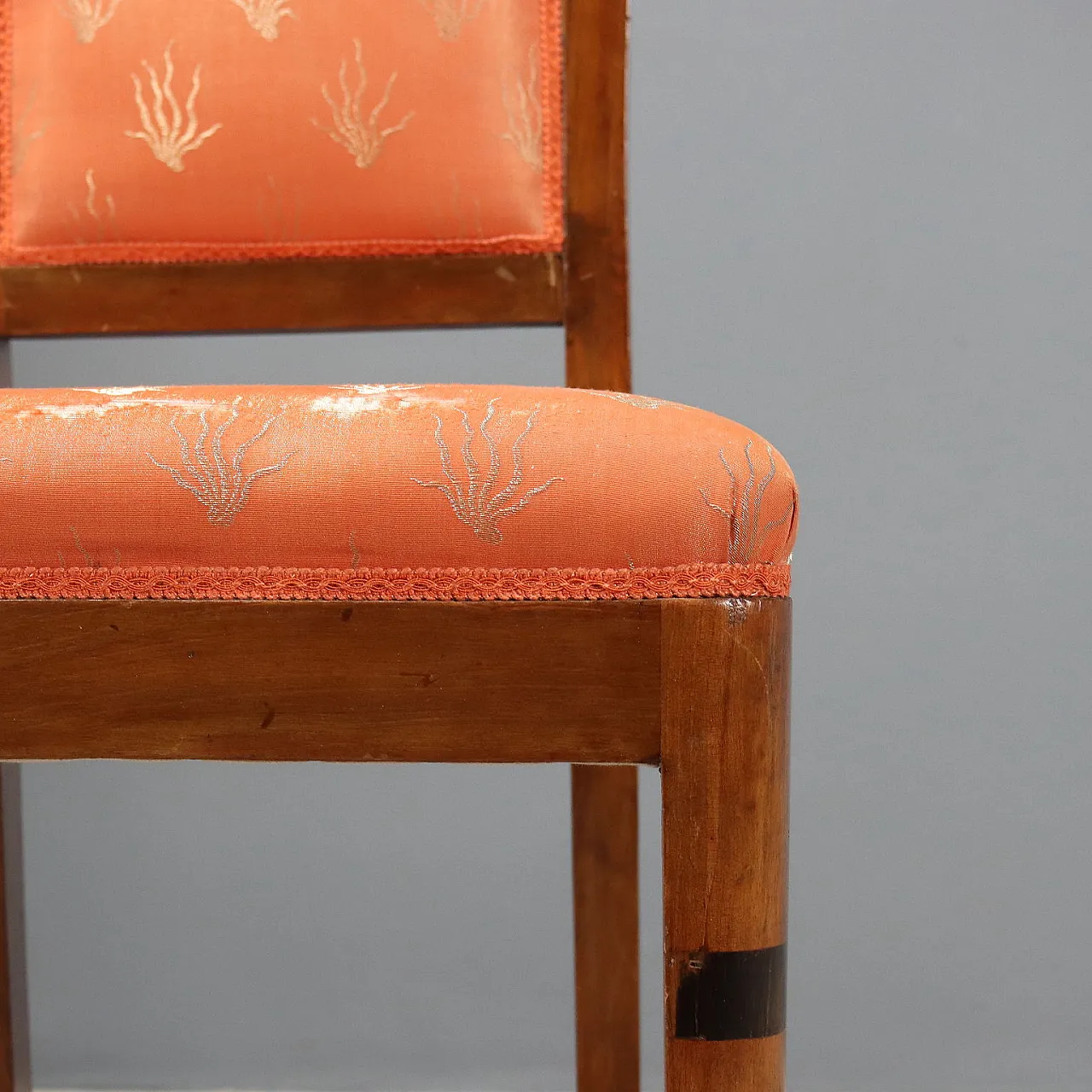 6 Chairs in walnut burl, exotic woods, and fabric, 20th century 5