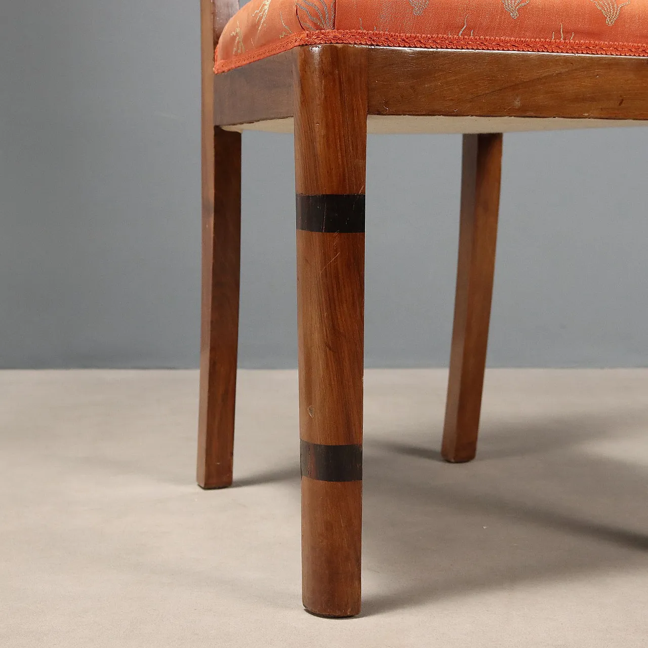 6 Chairs in walnut burl, exotic woods, and fabric, 20th century 6