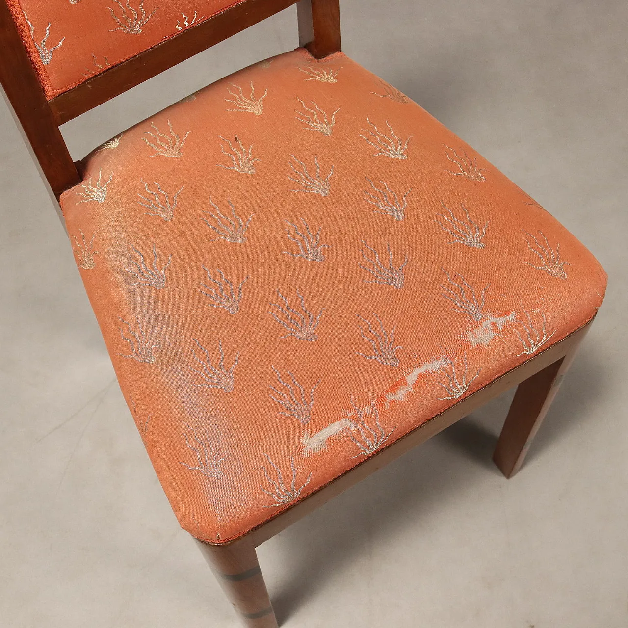 6 Chairs in walnut burl, exotic woods, and fabric, 20th century 7