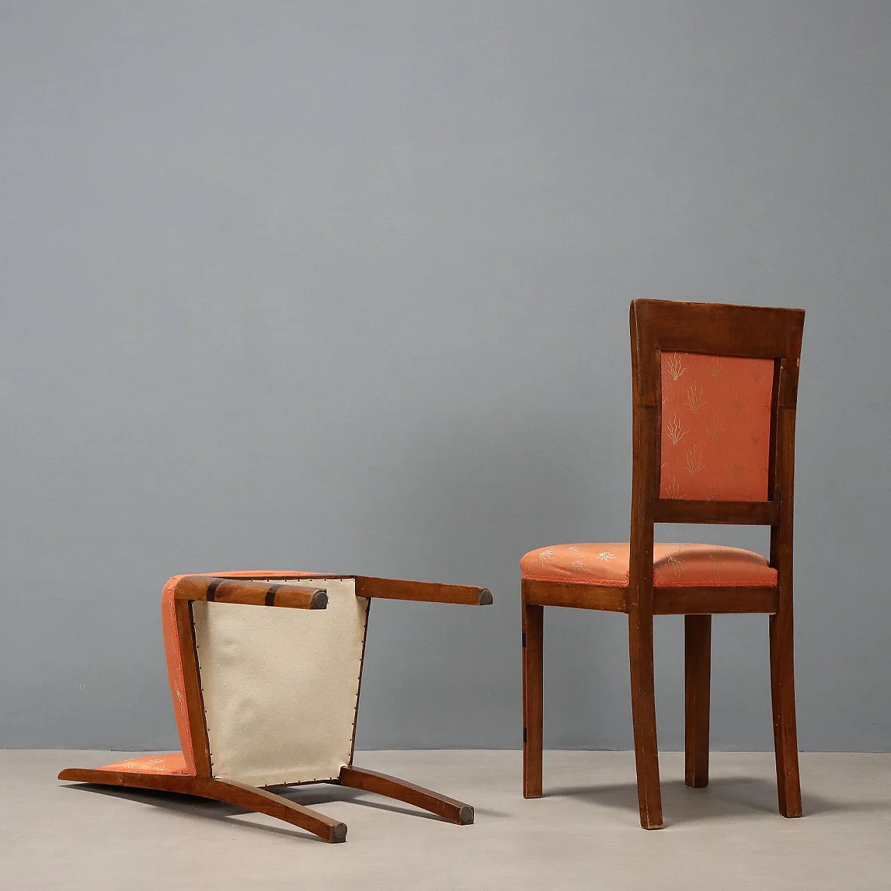 6 Chairs in walnut burl, exotic woods, and fabric, 20th century 9