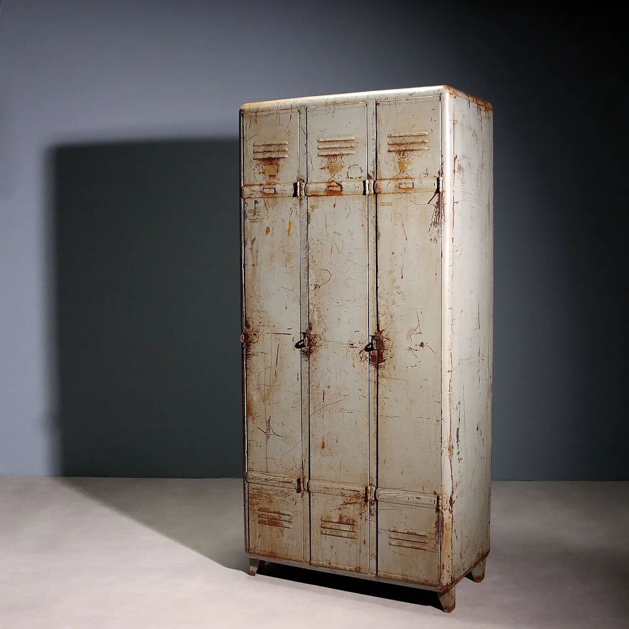 Industrial metal cabinet with three doors and coat rack, 20th century 1