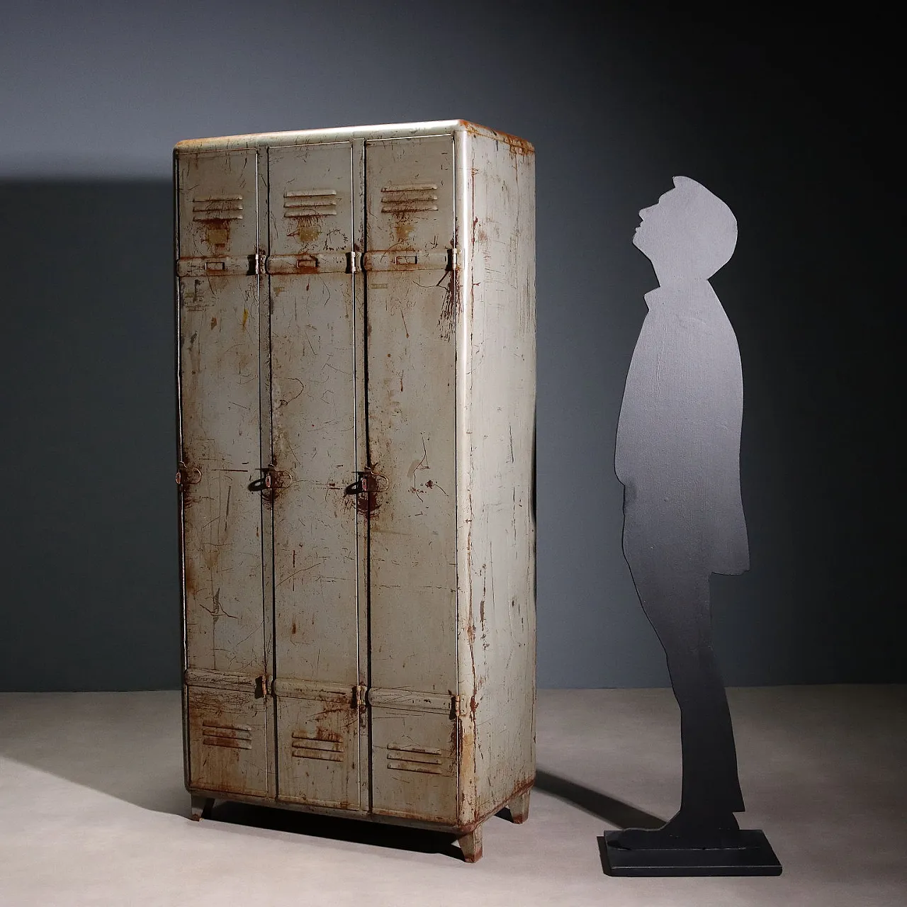 Industrial metal cabinet with three doors and coat rack, 20th century 2