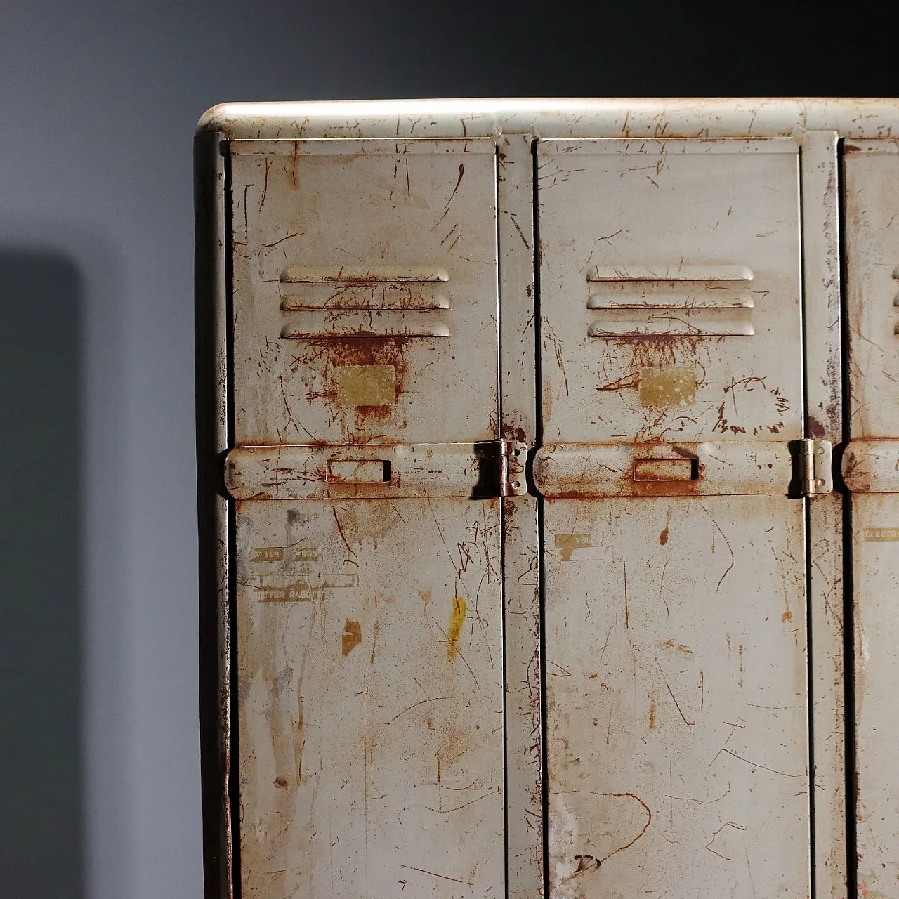 Industrial metal cabinet with three doors and coat rack, 20th century 5
