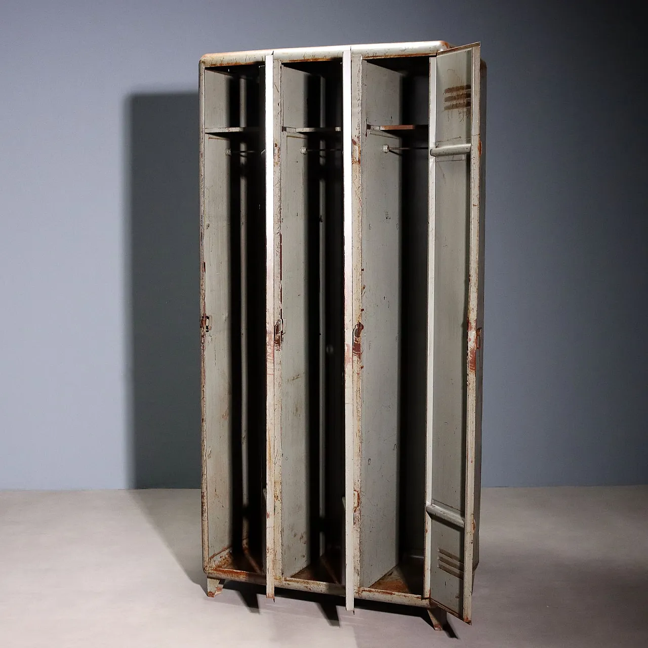 Industrial metal cabinet with three doors and coat rack, 20th century 6