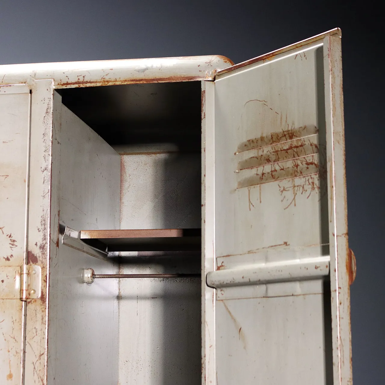 Industrial metal cabinet with three doors and coat rack, 20th century 7