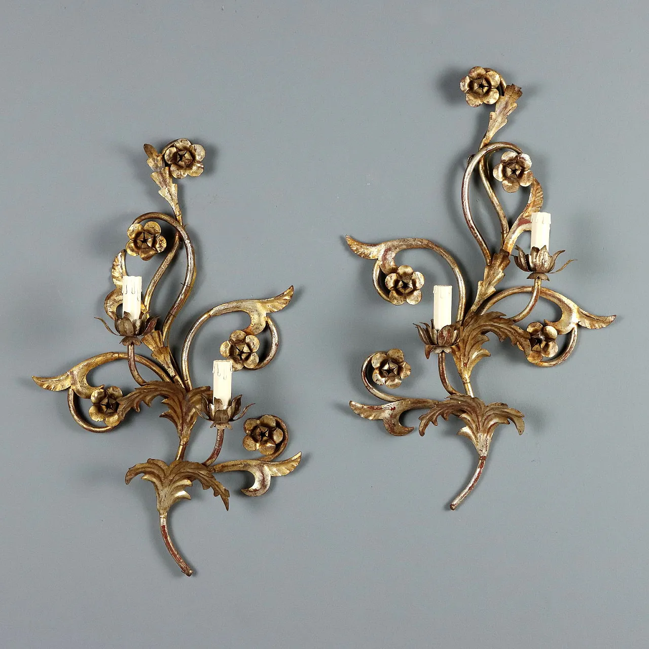 Pair of iron and sheet metal wall lights, late 19th century 1