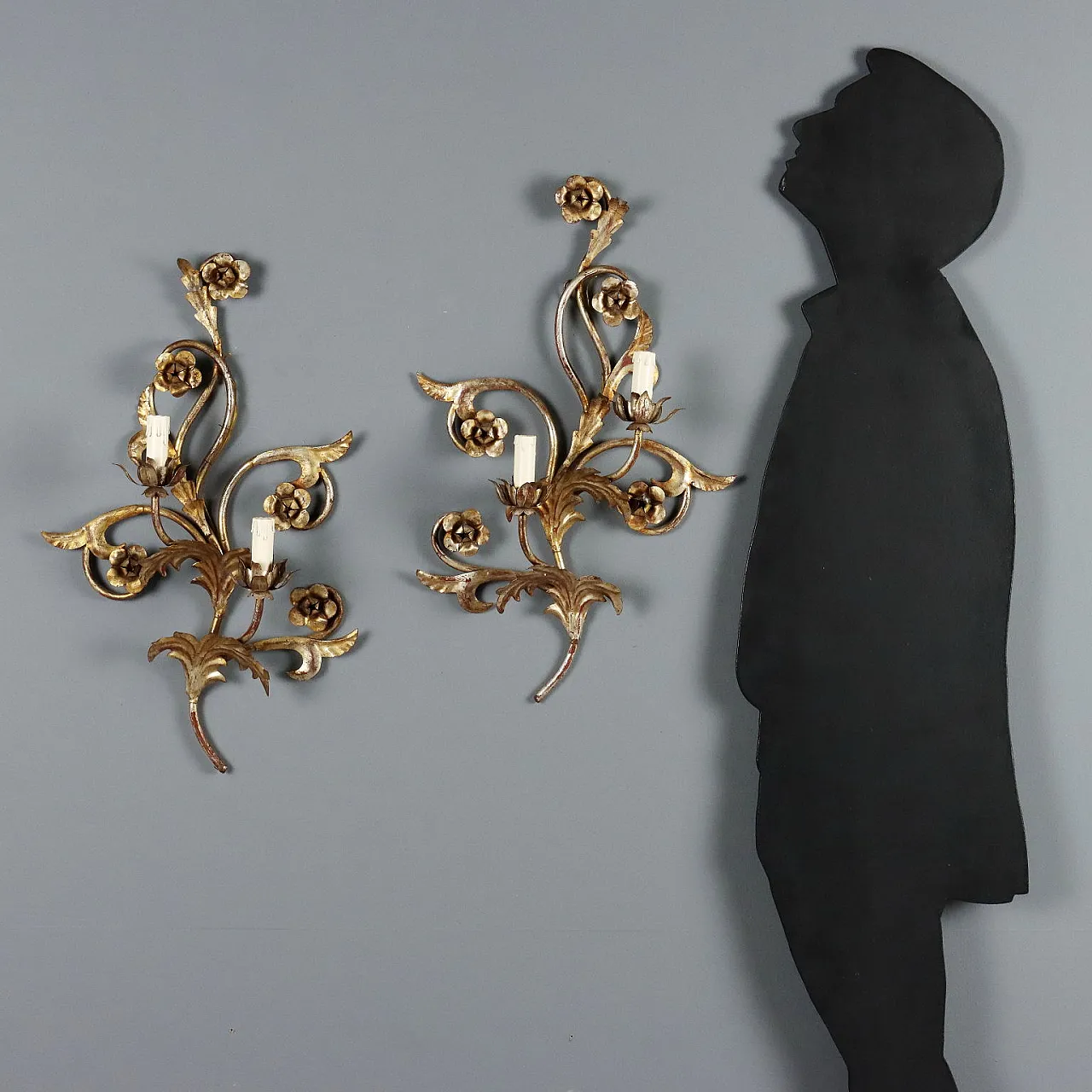 Pair of iron and sheet metal wall lights, late 19th century 2