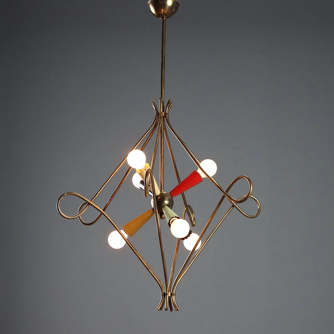 Ceiling lamp with brass structure and aluminum diffusers, 20th century 1