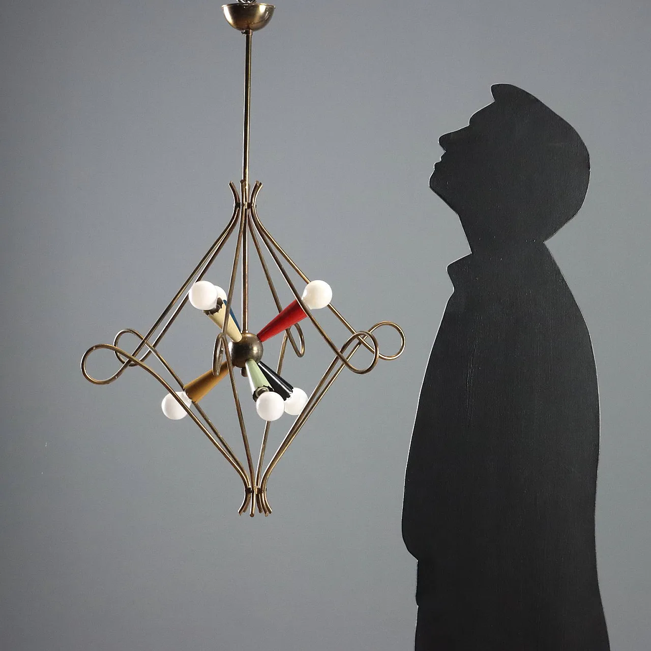 Ceiling lamp with brass structure and aluminum diffusers, 20th century 2